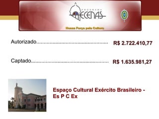 Autorizado................................................. R$ 2.722.410,77


Captado..................................................... R$ 1.635.981,27




                      Espaço Cultural Exército Brasileiro -
                      Es P C Ex
 