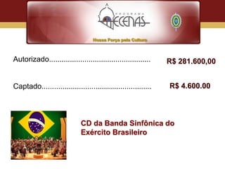Autorizado.................................................    R$ 281.600,00


Captado.....................................................   R$ 4.600.00



                             CD da Banda Sinfônica do
                             Exército Brasileiro
 