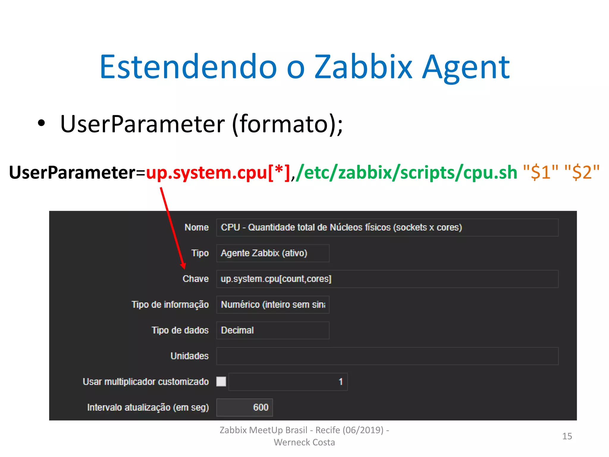 Zabbix MeetUp Brasil - Recife (06/2019) -
Werneck Costa
15
Estendendo o Zabbix Agent
• UserParameter (formato);
UserParameter=up.system.cpu[*],/etc/zabbix/scripts/cpu.sh "$1" "$2"
 