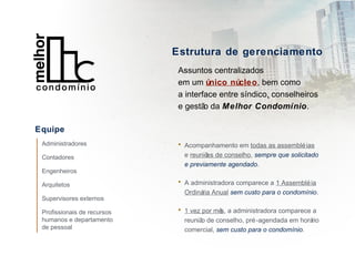 Estrutura de gerenciamento
Assuntos centralizados
em um único núcleo, bem como
a interface entre síndico, conselheiros
e gestão da Melhor Condomínio.
• Acompanhamento em todas as assembléias
e reuniões de conselho, sempre que solicitado
e previamente agendado.
• A administradora comparece a 1 Assembléia
Ordinária Anual sem custo para o condomínio.
• 1 vez por mês, a administradora comparece a
reunião de conselho, pré-agendada em horário
comercial, sem custo para o condomínio.
Equipe
Administradores
Contadores
Engenheiros
Arquitetos
Supervisores externos
Profissionais de recursos
humanos e departamento
de pessoal
 