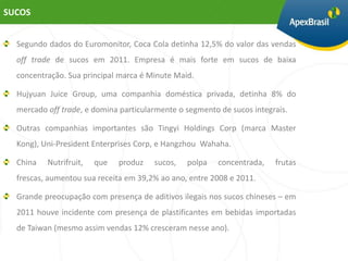 SUCOS


  Segundo dados do Euromonitor, Coca Cola detinha 12,5% do valor das vendas
  off trade de sucos em 2011. Empresa é mais forte em sucos de baixa
  concentração. Sua principal marca é Minute Maid.

  Hujyuan Juice Group, uma companhia doméstica privada, detinha 8% do
  mercado off trade, e domina particularmente o segmento de sucos integrais.

  Outras companhias importantes são Tingyi Holdings Corp (marca Master
  Kong), Uni-President Enterprises Corp, e Hangzhou Wahaha.

  China   Nutrifruit,   que   produz   sucos,   polpa    concentrada,   frutas
  frescas, aumentou sua receita em 39,2% ao ano, entre 2008 e 2011.

  Grande preocupação com presença de aditivos ilegais nos sucos chineses – em
  2011 houve incidente com presença de plastificantes em bebidas importadas
  de Taiwan (mesmo assim vendas 12% cresceram nesse ano).
 