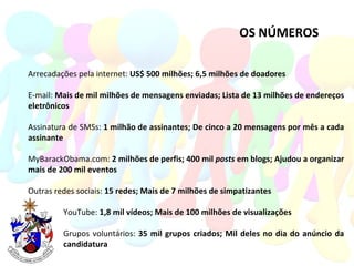 OS NÚMEROS Arrecadações pela internet:  US$ 500 milhões; 6,5 milhões de doadores E-mail:  Mais de mil milhões de mensagens enviadas; Lista de 13 milhões de endereços eletrônicos Assinatura de SMSs:  1 milhão de assinantes; De cinco a 20 mensagens por mês a cada assinante MyBarackObama.com:  2 milhões de perfis; 400 mil  posts  em blogs; Ajudou a organizar mais de 200 mil eventos Outras redes sociais:  15 redes; Mais de 7 milhões de simpatizantes YouTube:  1,8 mil vídeos; Mais de 100 milhões de visualizações Grupos voluntários:  35 mil grupos criados; Mil deles no dia do anúncio da candidatura 