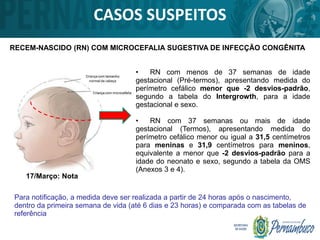 • RN com menos de 37 semanas de idade
gestacional (Pré-termos), apresentando medida do
perímetro cefálico menor que -2 desvios-padrão,
segundo a tabela do Intergrowth, para a idade
gestacional e sexo.
• RN com 37 semanas ou mais de idade
gestacional (Termos), apresentando medida do
perímetro cefálico menor ou igual a 31,5 centímetros
para meninas e 31,9 centímetros para meninos,
equivalente a menor que -2 desvios-padrão para a
idade do neonato e sexo, segundo a tabela da OMS
(Anexos 3 e 4).
Para notificação, a medida deve ser realizada a partir de 24 horas após o nascimento,
dentro da primeira semana de vida (até 6 dias e 23 horas) e comparada com as tabelas de
referência
CASOS SUSPEITOS
RECEM-NASCIDO (RN) COM MICROCEFALIA SUGESTIVA DE INFECÇÃO CONGÊNITA
17/Março: Nota
 