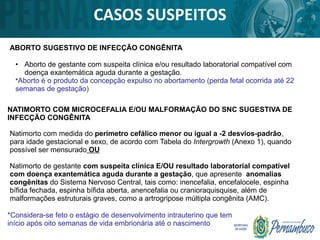 • Aborto de gestante com suspeita clínica e/ou resultado laboratorial compatível com
doença exantemática aguda durante a gestação.
*Aborto é o produto da concepção expulso no abortamento (perda fetal ocorrida até 22
semanas de gestação)
*Considera-se feto o estágio de desenvolvimento intrauterino que tem
início após oito semanas de vida embrionária até o nascimento
CASOS SUSPEITOS
ABORTO SUGESTIVO DE INFECÇÃO CONGÊNITA
Natimorto com medida do perímetro cefálico menor ou igual a -2 desvios-padrão,
para idade gestacional e sexo, de acordo com Tabela do Intergrowth (Anexo 1), quando
possível ser mensurado OU
Natimorto de gestante com suspeita clínica E/OU resultado laboratorial compatível
com doença exantemática aguda durante a gestação, que apresente anomalias
congênitas do Sistema Nervoso Central, tais como: inencefalia, encefalocele, espinha
bífida fechada, espinha bífida aberta, anencefalia ou cranioraquisquise, além de
malformações estruturais graves, como a artrogripose múltipla congênita (AMC).
NATIMORTO COM MICROCEFALIA E/OU MALFORMAÇÃO DO SNC SUGESTIVA DE
INFECÇÃO CONGÊNITA
 