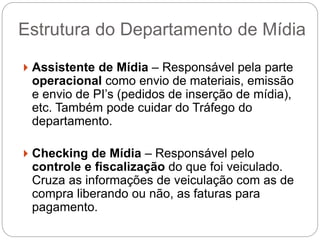 Estrutura do Departamento de Mídia
 Assistente de Mídia – Responsável pela parte
operacional como envio de materiais, emissão
e envio de PI’s (pedidos de inserção de mídia),
etc. Também pode cuidar do Tráfego do
departamento.
 Checking de Mídia – Responsável pelo
controle e fiscalização do que foi veiculado.
Cruza as informações de veiculação com as de
compra liberando ou não, as faturas para
pagamento.
 