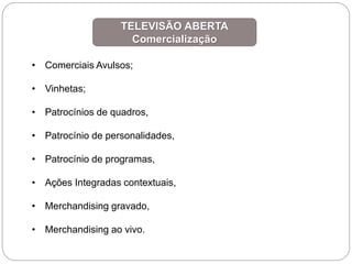 TELEVISÃO ABERTA
Comercialização
• Comerciais Avulsos;
• Vinhetas;
• Patrocínios de quadros,
• Patrocínio de personalidades,
• Patrocínio de programas,
• Ações Integradas contextuais,
• Merchandising gravado,
• Merchandising ao vivo.
 