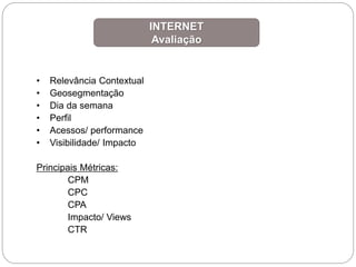 INTERNET
Avaliação
• Relevância Contextual
• Geosegmentação
• Dia da semana
• Perfil
• Acessos/ performance
• Visibilidade/ Impacto
Principais Métricas:
CPM
CPC
CPA
Impacto/ Views
CTR
 