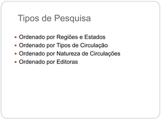 Tipos de Pesquisa
 Ordenado por Regiões e Estados
 Ordenado por Tipos de Circulação
 Ordenado por Natureza de Circulações
 Ordenado por Editoras
 