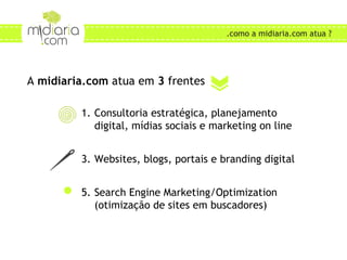 Consultoria estratégica, planejamento digital, mídias sociais e marketing on line Websites, blogs, portais e branding digital Search Engine Marketing/Optimization (otimização de sites em buscadores) ONDE AS PESSOAS BUSCAM CONTEÚDO? .como a midiaria.com atua ? A  midiaria.com  atua em  3  frentes 