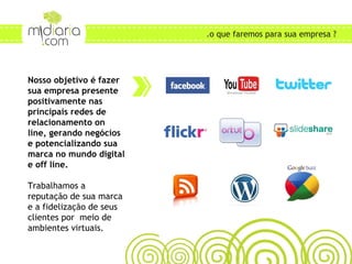 Nosso objetivo é fazer  sua empresa presente positivamente nas principais redes de relacionamento on line, gerando negócios e potencializando sua marca no mundo digital e off line. Trabalhamos a reputação de sua marca e a fidelização de seus clientes por  meio de ambientes virtuais. .o que faremos para sua empresa ? 
