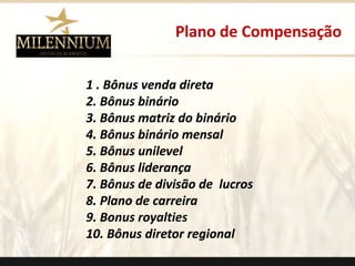 Plano de Compensação 
1 . Bônus venda direta 
2. Bônus binário 
3. Bônus matriz do binário 
4. Bônus binário mensal 
5. Bônus unilevel 
6. Bônus liderança 
7. Bônus de divisão de lucros 
8. Plano de carreira 
9. Bonus royalties 
10. Bônus diretor regional 
. 
 