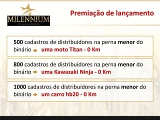 Premiação de lançamento 
500 cadastros de distribuidores na perna menor do 
binário uma moto Titan - 0 Km 
800 cadastros de distribuidores na perna menor do 
binário uma Kawazaki Ninja - 0 Km 
1000 cadastros de distribuidores na perna menor do 
binário um carro hb20 - 0 Km 
. 
 