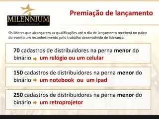 Premiação de lançamento 
Os líderes que alcançarem as qualificações até o dia de lançamento receberá no palco 
do evento um reconhecimento pelo trabalho desenvolvido de liderança. 
70 cadastros de distribuidores na perna menor do 
binário um relógio ou um celular 
150 cadastros de distribuidores na perna menor do 
binário um notebook ou um ipad 
250 cadastros de distribuidores na perna menor do 
binário um retroprojetor 
. 
 