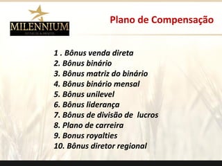 1 . Bônus venda direta 
2. Bônus binário 
3. Bônus matriz do binário 
4. Bônus binário mensal 
5. Bônus unilevel 
6. Bônus liderança 
7. Bônus de divisão de lucros 
8. Plano de carreira 
9. Bonus royalties 
10. Bônus diretor regional 
Plano de Compensação 
.  