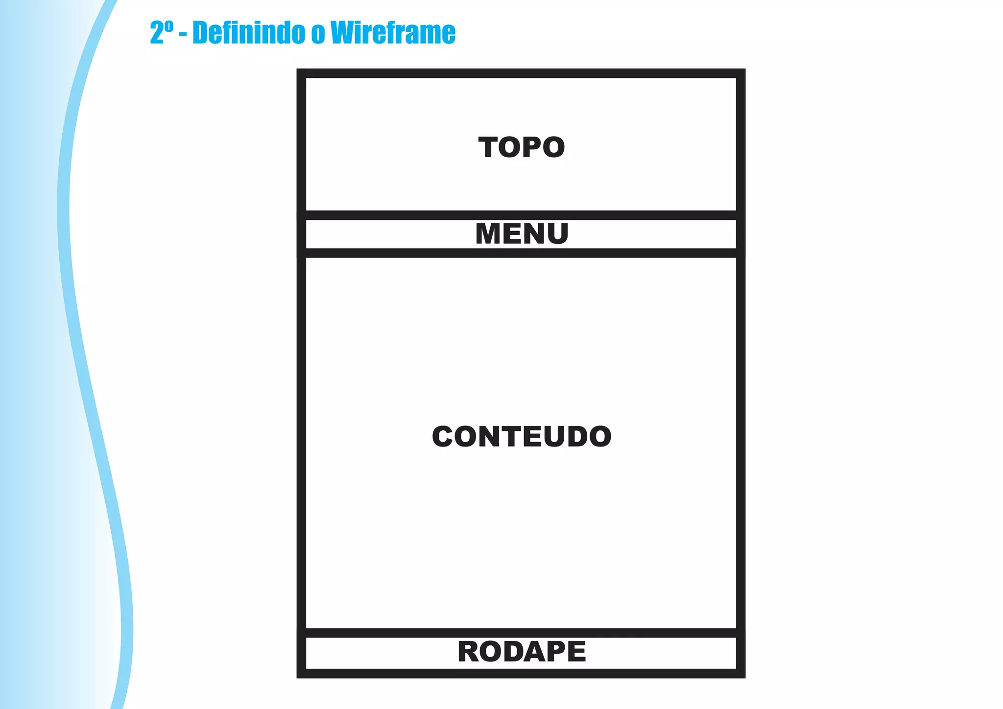 2º - Definindo o Wireframe


                             TOPO


                             MENU




                       CONTEUDO




                             RODAPE
 