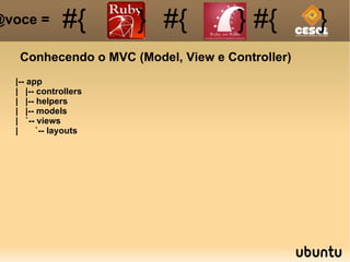 Conhecendo o MVC (Model, View e Controller) #{ #{ } #{ } #{ } @voce =  |-- app |  |-- controllers |  |-- helpers |  |-- models |  `-- views |  `-- layouts 