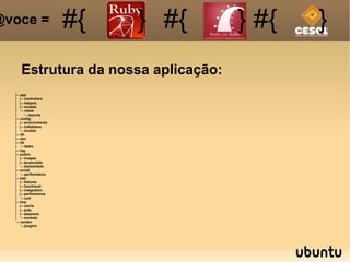 Estrutura da nossa aplicação: #{ #{ } #{ } #{ } @voce =  . |-- app |  |-- controllers |  |-- helpers |  |-- models |  `-- views |  `-- layouts |-- config |  |-- environments |  |-- initializers |  `-- locales |-- db |-- doc |-- lib |  `-- tasks |-- log |-- public |  |-- images |  |-- javascripts |  `-- stylesheets |-- script |  `-- performance |-- test |  |-- fixtures |  |-- functional |  |-- integration |  |-- performance |  `-- unit |-- tmp |  |-- cache |  |-- pids |  |-- sessions |  `-- sockets `-- vendor `-- plugins 