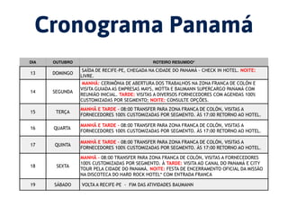 Cronograma Panamá
DIA OUTUBRO ROTEIRO RESUMIDO*
13 DOMINGO
SAÍDA DE RECIFE-PE, CHEGADA NA CIDADE DO PANAMÁ - CHECK IN HOTEL. NOITE:
LIVRE.
14 SEGUNDA
MANHÃ: CERIMÔNIA DE ABERTURA DOS TRABALHOS NA ZONA FRANCA DE COLÓN E
VISITA GUIADA AS EMPRESAS MAYS, MOTTA E BAUMANN SUPERCARGO PANAMÁ COM
REUNIÃO INICIAL. TARDE: VISITAS A DIVERSOS FORNECEDORES COM AGENDAS 100%
CUSTOMIZADAS POR SEGMENTO; NOITE: CONSULTE OPÇÕES.
15 TERÇA
MANHÃ E TARDE - 08:00 TRANSFER PARA ZONA FRANCA DE COLÓN, VISITAS A
FORNECEDORES 100% CUSTOMIZADAS POR SEGMENTO. ÀS 17:00 RETORNO AO HOTEL.
16 QUARTA
MANHÃ E TARDE - 08:00 TRANSFER PARA ZONA FRANCA DE COLÓN, VISITAS A
FORNECEDORES 100% CUSTOMIZADAS POR SEGMENTO. ÀS 17:00 RETORNO AO HOTEL.
17 QUINTA
MANHÃ E TARDE - 08:00 TRANSFER PARA ZONA FRANCA DE COLÓN, VISITAS A
FORNECEDORES 100% CUSTOMIZADAS POR SEGMENTO. ÀS 17:00 RETORNO AO HOTEL.
18 SEXTA
MANHÃ - 08:00 TRANSFER PARA ZONA FRANCA DE COLÓN, VISITAS A FORNECEDORES
100% CUSTOMIZADAS POR SEGMENTO. À TARDE: VISITA AO CANAL DO PANAMÁ E CITY
TOUR PELA CIDADE DO PANAMÁ. NOITE: FESTA DE ENCERRAMENTO OFICIAL DA MISSÃO
NA DISCOTECA DO HARD ROCK HOTEL* COM ENTRADA FRANCA
19 SÁBADO VOLTA A RECIFE-PE - FIM DAS ATIVIDADES BAUMANN
 