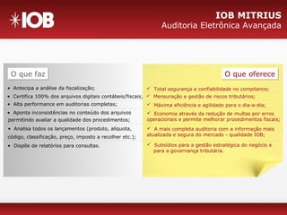 IOB MITRIUS
Auditoria Eletrônica Avançada
O que fazO que faz O que ofereceO que oferece
• Antecipa a análise da fiscalização;  Total segurança e confiabilidade no compliance;
• Certifica 100% dos arquivos digitais contábeis/fiscais;  Mensuração e gestão de riscos tributários;
• Alta performance em auditorias completas;
• Analisa todos os lançamentos (produto, alíquota,
código, classificação, preço, imposto a recolher etc.);
• Dispõe de relatórios para consultas.
 Máxima eficiência e agilidade para o dia-a-dia;
 Economia através da redução de multas por erros
operacionais e permite melhorar procedimentos fiscais;
 A mais completa auditoria com a informação mais
atualizada e segura do mercado - qualidade IOB;
 Subsídios para a gestão estratégica do negócio e
para a governança tributária.
• Aponta inconsistências no conteúdo dos arquivos
permitindo avaliar a qualidade dos procedimentos;
 