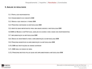 10AVALIAÇÃO DA IMPLEMENTAÇÃO DE BIM EM PORTUGAL
Maria João Lima Venâncio
16 de julho 2015
Enquadramento | Inquérito | Resultados | Conclusões
5. ANÁLISE DE RESULTADOS
5.1. PERFIL DOS RESPONDENTES
5.2. CONHECIMENTO DO CONCEITO BIM
5.3. ÁREAS A QUE ASSOCIA O TERMO BIM
5.4. PRINCIPAIS VANTAGENS DA METODOLOGIA BIM
5.5. ASPETOS MAIS IMPORTANTES PARA UMA MAIOR ADESÃO À METODOLOGIA BIM
5.6 BIM NO MUNDO E EM PORTUGAL (ANÁLISE DE ACORDO COM A IDADE DOS RESPONDENTES)
5.7. IMPLEMENTAÇÃO DA METODOLOGIA BIM
5.8. ÁREAS DE INVESTIMENTO PARA A IMPLEMENTAÇÃO DA METODOLOGIA BIM
5.9. PRINCIPAIS BENEFÍCIOS DA IMPLEMENTAÇÃO DA METODOLOGIA BIM
5.10. BIM NAS INSTITUIÇÕES DE ENSINO SUPERIOR
5.11. BIM PARA OS DONOS DE OBRA
5.12. PRINCIPAIS MOTIVOS PELOS QUAIS NÃO IMPLEMENTARAM A METODOLOGIA BIM
 