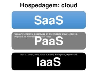 IaaS
PaaS
SaaS
OpenShift, Heroku, Google App Engine (Google Cloud), AppFog,
Pagoda Box, Fortrabbit, Laravel Forge
Digital Ocean, AWS, Linode, Azure, Rackspace, Open Stack
Hospedagem: cloud
 