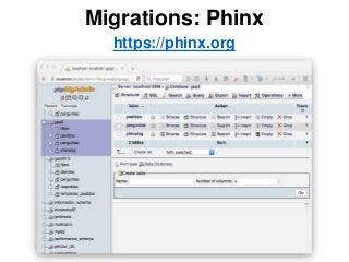 Migrations: Phinx
https://phinx.org
 