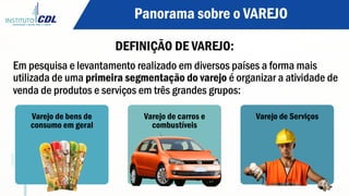 Panorama sobre o VAREJO
DEFINIÇÃO DE VAREJO:
Em pesquisa e levantamento realizado em diversos países a forma mais
utilizada de uma primeira segmentação do varejo é organizar a atividade de
venda de produtos e serviços em três grandes grupos:
Varejo de bens de
consumo em geral
Varejo de carros e
combustíveis
Varejo de Serviços
 