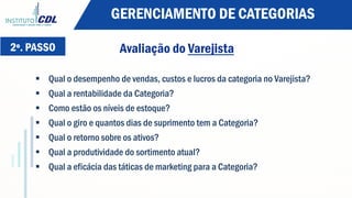 2º. PASSO Avaliação do Varejista
§  Qual o desempenho de vendas, custos e lucros da categoria no Varejista?
§  Qual a rentabilidade da Categoria?
§  Como estão os níveis de estoque?
§  Qual o giro e quantos dias de suprimento tem a Categoria?
§  Qual o retorno sobre os ativos?
§  Qual a produtividade do sortimento atual?
§  Qual a eficácia das táticas de marketing para a Categoria?
GERENCIAMENTO DE CATEGORIAS
 