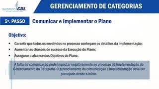 5º. PASSO Comunicar e Implementar o Plano
Objetivo:
§  Garantir que todos os envolvidos no processo conheçam ps detalhes da implementação;
§  Aumentar as chances de sucesso da Execução do Plano;
§  Assegurar o alcance dos Objetivos do Plano.
A falta de comunicação pode impactar negativamente no processo de implementação do
Gerenciamento da Categoria. O gerenciamento da comunicação e implementação deve ser
planejado desde o início.
GERENCIAMENTO DE CATEGORIAS
 