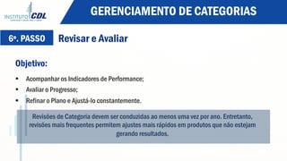 6º. PASSO Revisar e Avaliar
Objetivo:
§  Acompanhar os Indicadores de Performance;
§  Avaliar o Progresso;
§  Refinar o Plano e Ajustá-lo constantemente.
Revisões de Categoria devem ser conduzidas ao menos uma vez por ano. Entretanto,
revisões mais frequentes permitem ajustes mais rápidos em produtos que não estejam
gerando resultados.
GERENCIAMENTO DE CATEGORIAS
 