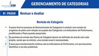 Revisão da Categoria
§  O passo final no processo de Gerenciamento de Categorias é conduzir uma revisão do
progresso do plano com relação aos papéis das Categorias e os Indicadores de Performance,
modificando o Plano quando apropriado;
§  Os períodos de revisão dos Planos de Categoria devem ser definidos de acordo com cada
projeto, sendo que no mínimo, uma revisão anual é recomendada;
§  A base para monitoramento contínuo são os Indicadores de Perfomance, em que buscamos
identificar a raiz dos problemas.
GERENCIAMENTO DE CATEGORIAS
6º. PASSO Revisar e Avaliar
 