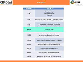 ROTEIRO
HORÁRIO ATIVIDADE
8:30
Boas vindas
Recomendações
Agenda
9:00 Revisão do que já foi visto e próximos passos
9:30 Cronograma (Conceitos e Prática)
10:30 Intervalo Café
11:00 Orçamento (Conceitos e prática)
11:30 Recursos Humanos (Conceito e Prática)
12:00 Comunicação (Conceitos e Prática)
12:30 Riscos (Conceitos e Prática)
13:00 Aquisições (Conceitos e Prática)
13:30 Apresentação do PGP e Encerramento
 