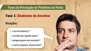 Fase 1: Síndrome do Avestruz
Reações:
“...é erro do sistema!!!”
“...na minha loja ninguém rouba!”
“...bobagem gastar com inventário!”
“...a perda é pequena, dá para sentir!”
Fases da Percepção do Problema da Perda
 