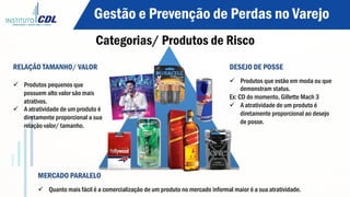 Categorias/ Produtos de Risco
RELAÇÃO TAMANHO/ VALOR
ü  Produtos pequenos que
possuem alto valor são mais
atrativos.
ü  A atratividade de um produto é
diretamente proporcional a sua
relação valor/ tamanho.
DESEJO DE POSSE
ü  Produtos que estão em moda ou que
demonstram status.
Ex: CD do momento, Gillette Mach 3
ü  A atratividade de um produto é
diretamente proporcional ao desejo
de posse.
MERCADO PARALELO
ü  Quanto mais fácil é a comercialização de um produto no mercado informal maior é a sua atratividade.
Gestão e Prevenção de Perdas no Varejo
 