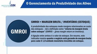 GMROI
GMROI = MARGEM BRUTA / INVENTÁRIO (ESTOQUE)
A produtividade dos estoques mede margens relacionadas ao custo
dos estoques – daí a definição como “retorno da margem bruta
sobre estoque” (GMROI – gross margin return on inventory).
A ligação entre ambos é o valor do estoque. Em resumo, este
indicador mostra quanto o negócio está gerando de margem bruta
para cada $ 1,0 unidade monetária investida em estoque.
O Gerenciamento da Produtividade dos Ativos
 