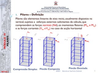 UniversidadeTécnica de Moçambique
FACULDADE DE CIÊNCIAS ETECNOLOGIAS
Licenciatura em Engenharia e Gestão da Construção Civil
Av. de 25 de Setembro, n. 2500,Tel./Fax: +258 21402161 Maputo
BETĀO 1
MÓDULO
IV
PILARES
1. Pilares – Definição
Pilares são elementos lineares de eixo recto, usualmente dispostos na
vertical, sujeitos a esforços externos solicitantes de cálculo, que
compreendem as forças normais (Nd), os momentos fletores (Mdx e Mdy)
e as forças cortantes (Vdx eVdy) no caso de acção horizontal
26/06/21 Elaborado por: Eng.Arsénio Zandamela 2
Compressão Simples Flexão Composta Flexão Desviada
 