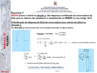 UniversidadeTécnica de Moçambique
FACULDADE DE CIÊNCIAS ETECNOLOGIAS
Licenciatura em Engenharia e Gestão da Construção Civil
Av. de 25 de Setembro, n. 2500,Tel./Fax: +258 21402161 Maputo
BETĀO 1
MÓDULO
IV
PILARES
26/06/21 24
Exercício 7
NOTA: Como é visível na direção x, não dispensa a verificação da encurvadura do
pilar pois os valores não satisfazem o estabelecido no REBAP no seu artigo 64.3º
II.Verificação de dispensa do ELU de encurvadura (nos móveis do pilar) na
direcção y:
Na direcção y estamos perante uma situação ilustrada na figura abaixo
versão 0 43

 =
+
=
+
= 2,0
0
x
0,3
2,0
α
0,3
2,0
η min
l0 = η l = 1,09492 x 4 = 4,38 m
λ = 50,57
12
x
0,30
4,38
12
h
l
i
l 0
0 =
=
=
Condições para dispensa da verificação do E. L. U. Encurvadura (nós móveis)
1,05
0,30
x
3,5
h
3,5
0,017
1490
25
N
M
35
50,57
λ
h
3,5
35
λ
Ed
Ed
Ed
N
Ed
M





=
=

=
=

=
⇒





≥
≤
⇒ calcular as excentricidades adicionais: ex = eax + e2x
• Direcção y – nós móveis Pilar



=
=
m
0,50
h
m
0,30
b
l0 = 2 l = 2 x 4 = 8 m
λ = 55,43
12
x
0,50
8
12
h
l
i
l 0
0 =
=
=  35 ⇒ calcular as excentricidades adicionais
Condições para dispensa da verificação do E. L. U. Encurvadura (nós móveis)
1,75
0,50
x
3,5
h
3,5
0,040
1490
60
Ed
N
Ed
M
35
55,43
λ
h
3,5
N
M
35
λ
Ed
Ed





=
=

=
=

=
⇒





≥
≤
⇒ calcular as excentricidades adicionais: ey = eay + e2y
MEd = 30 x 1 + 60 x 0,50 = 60 kNm (ver alínea c)
versão 0 43 EXERCÍCIO 7
l0 = η l = 1,09492 x 4 = 4,38 m
λ = 50,57
12
x
0,30
4,38
12
h
l
i
l 0
0 =
=
=
Condições para dispensa da verificação do E. L. U. Encurvadura (nós móveis)
1,05
0,30
x
3,5
h
3,5
0,017
1490
25
N
M
35
50,57
λ
h
3,5
35
λ
Ed
Ed
Ed
N
Ed
M





=
=

=
=

=
⇒





≥
≤
⇒ calcular as excentricidades adicionais: ex = eax + e2x
• Direcção y – nós móveis Pilar



=
=
m
0,50
h
m
0,30
b
l0 = 2 l = 2 x 4 = 8 m
λ = 55,43
12
x
0,50
8
12
h
l
i
l 0
0 =
=
=  35 ⇒ calcular as excentricidades adicionais
Condições para dispensa da verificação do E. L. U. Encurvadura (nós móveis)
1,75
0,50
x
3,5
h
3,5
0,040
1490
60
Ed
N
Ed
M
35
55,43
λ
h
3,5
N
M
35
λ
Ed
Ed





=
=

=
=

=
⇒





≥
≤
⇒ calcular as excentricidades adicionais: ey = eay + e2y
MEd = 30 x 1 + 60 x 0,50 = 60 kNm (ver alínea c)
UNIVERSIDADE TÉCNICA DE MOÇAMBIQUE
FACULDADE DE ENGENHARIAS
DEPARTAMENTO DE ENGENHARIA CIVIL
O valor de Msd = 30x1+60x0,5+1400x0=60KN.m
Estruturas de Betão I
Elementos contraventados
Elementos não contraventados
11.3 Imperfeições geométricas
O efeito desfavorável de possíveis desvios na geometria da estrutura ou posição do
carregamento deverá ser tido em consideração no dimensionamento.
Os efeitos das imperfeições geométricas poderão ser avaliados de forma geral
considerando a estrutura inclinada de um ângulo Ti.
Para elementos isolados, estes efeitos poderão ser considerados de forma
= L/2
= L
l0
l0
l0
= 0.7L
= 2L = L = 2L
l0 l0
l0
6
x
2
1
0,40
x
0,50 3
2



=
+
=
+
=
⇐
=
+
=
+
+
=
2,0
0
x
0,3
2,0
α
0,3
2,0
η
nte
condiciona
1,09492
0,6328
x
0,15
1
)
α
(α
0,15
1,0
η
de
menor
min
2
1
η
l0 = η l = 1,09492 x 4 = 4,38 m
λ = 50,57
12
x
0,30
4,38
12
h
l
i
l 0
0 =
=
=
Condições para dispensa da verificação do E. L. U. Encurvadura (nós móveis)
1,05
0,30
x
3,5
h
3,5
0,017
1490
25
N
M
35
50,57
λ
h
3,5
35
λ
Ed
Ed
Ed
N
Ed
M





=
=

=
=

=
⇒





≥
≤
⇒ calcular as excentricidades adicionais: ex = eax + e2x
• Direcção y – nós móveis Pilar



=
=
m
0,50
h
m
0,30
b
l0 = 2 l = 2 x 4 = 8 m
λ = 55,43
12
x
0,50
8
12
h
l
i
l 0
0 =
=
=  35 ⇒ calcular as excentricidades adicionais
Condições para dispensa da verificação do E. L. U. Encurvadura (nós móveis)
1,75
0,50
x
3,5
h
3,5
0,040
1490
60
Ed
N
Ed
M
35
55,43
λ
h
3,5
N
M
35
λ
Ed
Ed





=
=

=
=

=
⇒





≥
≤
⇒ calcular as excentricidades adicionais: ey = eay + e2y
MEd = 30 x 1 + 60 x 0,50 = 60 kNm (ver alínea c)
versão 0 43 EXERCÍCIO 7
0,6328
6
x
2
1
0,40
x
0,50
α 3
2 =
=



=
+
=
+
=
⇐
=
+
=
+
+
=
2,0
0
x
0,3
2,0
α
0,3
2,0
η
nte
condiciona
1,09492
0,6328
x
0,15
1
)
α
(α
0,15
1,0
η
de
menor
min
2
1
η
l0 = η l = 1,09492 x 4 = 4,38 m
λ = 50,57
12
x
0,30
4,38
12
h
l
i
l 0
0 =
=
=
Condições para dispensa da verificação do E. L. U. Encurvadura (nós móveis)
1,05
0,30
x
3,5
h
3,5
0,017
1490
25
N
M
35
50,57
λ
h
3,5
35
λ
Ed
Ed
Ed
N
Ed
M





=
=

=
=

=
⇒





≥
≤
⇒ calcular as excentricidades adicionais: ex = eax + e2x
• Direcção y – nós móveis Pilar



=
=
m
0,50
h
m
0,30
b
l0 = 2 l = 2 x 4 = 8 m
λ = 55,43
12
x
0,50
8
12
h
l
i
l 0
0 =
=
=  35 ⇒ calcular as excentricidades adicionais
Condições para dispensa da verificação do E. L. U. Encurvadura (nós móveis)
1,75
0,50
x
3,5
h
3,5
0,040
1490
60
Ed
N
Ed
M
35
55,43
λ
h
3,5
N
M
35
λ
Ed
Ed





=
=

=
=

=
⇒





≥
≤
⇒ calcular as excentricidades adicionais: ey = eay + e2y
MEd = 30 x 1 + 60 x 0,50 = 60 kNm (ver alínea c)
 