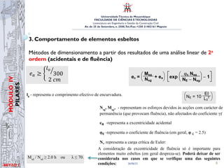 UniversidadeTécnica de Moçambique
FACULDADE DE CIÊNCIAS ETECNOLOGIAS
Licenciatura em Engenharia e Gestão da Construção Civil
Av. de 25 de Setembro, n. 2500,Tel./Fax: +258 21402161 Maputo
BETĀO 1
MÓDULO
IV
PILARES
26/06/21 8
3. Comportamento de elementos esbeltos
Métodos de dimensionamento a partir dos resultados de uma análise linear de 2a
ordem (acidentais e de fluência)
as restantes excentricidades (acidentais e de fluência)
ricidade Acidental (ea)
de acidental destina-se a ter em conta os efeitos das
eométricas de execução (tolerâncias construtivas) e pode
a através de:
!! ≥
!!
300
2!!
Eq.
12
comprimento efectivo de encurvadura.
ricidade de fluência
de de fluência destina-se a ter em conta o acréscimo de
Betão Armado e Pré-Esforçado I
antes excentricidades adicionais
tal
ntal destina-se a ter em conta os efeitos das imperfeições
o (tolerâncias construtivas) e pode ser determinada através de
ea = max
L0 / 300
0.02m
mprimento efectivo de encurvadura.
ncia
Betão Armado e Pré-Esforçado I
excentricidades adicionais
estina-se a ter em conta os efeitos das imperfeições
râncias construtivas) e pode ser determinada através de
ea = max
L0 / 300
0.02m
ento efectivo de encurvadura.
l0
- representa o comprimento efectivo de encurvadur
3.1.3.2 Excentricidade de fluência
A excentricidade de fluência destina-se a ter em c
deformação do pilar devido aos efeitos da fluência e
da expressão:
onde:
Nsg
, Msg- - representam os esforços devidos às acçõe
permanência (que provocam fluência), não afectados
ea -representa a excentricidade acidental
φc -representa o coeficiente de fluência (em geral, φ
NE
representa a carga crítica de Euler:
ea = max
0.02m
onde L0 representa o comprimento efectivo de encurvadura.
2. Excentricidade de fluência
A excentricidade de fluência destina-se a ter em conta o acréscimo
pilar devido aos efeitos da fluência e determina-se através da expres
ec =
Msg
Nsg
+ ea exp
ϕc Nsg
NE − Nsg
− 1
onde
Nsg, Msg representam os esforços devidos às acções com carácte
(que provocam fluência), não afectados do coeficiente γf
ea representa a excentricidade acidental
ϕc representa o coeficiente de fluência (em geral, ϕc = 2.5)
NE representa a carga crítica de Euler NE = 10
EI
L0
2 (EI da secçã
A consideração da excentricidade de fluência só é importante para
geométricas de execução (tolerâncias construtivas) e pode ser determina
ea = max
L0 / 300
0.02m
onde L0 representa o comprimento efectivo de encurvadura.
2. Excentricidade de fluência
A excentricidade de fluência destina-se a ter em conta o acréscimo de d
pilar devido aos efeitos da fluência e determina-se através da expressão,
ec =
Msg
Nsg
+ ea exp
ϕc Nsg
NE − Nsg
− 1
onde
Nsg, Msg representam os esforços devidos às acções com carácter de
(que provocam fluência), não afectados do coeficiente γf
ea representa a excentricidade acidental
ϕc representa o coeficiente de fluência (em geral, ϕc = 2.5)
EI
Módulo 4 – Pilares
Elaborado por: Arsénio Zandamela
onde:
Nsg
, Msg- - representam os esforços devido
permanência (que provocam fluência), não
ea -representa a excentricidade acidental
φc -representa o coeficiente de fluência (em
NE
representa a carga crítica de Euler:
pilar devido aos efeitos da fluência e determina-se através
ec =
Msg
Nsg
+ ea exp
ϕc Nsg
NE − Nsg
onde
Nsg, Msg representam os esforços devidos às acções c
(que provocam fluência), não afectados do coeficiente
ea representa a excentricidade acidental
ϕc representa o coeficiente de fluência (em geral, ϕc =
NE representa a carga crítica de Euler NE = 10
EI
L0
2 (
A consideração da excentricidade de fluência só é impo
esbeltos (em geral despreza-se). Poderá deixar de ser co
se verifique uma das seguintes condições: Msd / Nsd ≥ 2.0
A excentricidade de fluência destina-se a ter em conta o acrés
pilar devido aos efeitos da fluência e determina-se através da e
ec =
Msg
Nsg
+ ea exp
ϕc Nsg
NE − Nsg
− 1
onde
Nsg, Msg representam os esforços devidos às acções com c
(que provocam fluência), não afectados do coeficiente γf
ea representa a excentricidade acidental
ϕc representa o coeficiente de fluência (em geral, ϕc = 2.5)
NE representa a carga crítica de Euler NE = 10
EI
L0
2 (EI da
A consideração da excentricidade de fluência só é important
esbeltos (em geral despreza-se). Poderá deixar de ser conside
se verifique uma das seguintes condições: Msd / Nsd ≥ 2.0 h o
ser determinada através de:
!! ≥
!!
300
2!!
onde:
l0
- representa o comprimento efectivo de encurvadura.
3.1.3.2 Excentricidade de fluência
A excentricidade de fluência destina-se a ter em conta o acréscimo
deformação do pilar devido aos efeitos da fluência e determina-se atrav
da expressão:
onde:
Nsg
, Msg- - representam os esforços devidos às acções com carácter de
permanência (que provocam fluência), não afectados do coeficiente γf
ea -representa a excentricidade acidental
φc -representa o coeficiente de fluência (em geral, φ c = 2.5)
NE
representa a carga crítica de Euler:
1. Excentricidade Acidental
A excentricidade acidental destina-se a ter em conta os efeitos das imperfeições
geométricas de execução (tolerâncias construtivas) e pode ser determinada através de
ea = max
L0 / 300
0.02m
onde L0 representa o comprimento efectivo de encurvadura.
2. Excentricidade de fluência
A excentricidade de fluência destina-se a ter em conta o acréscimo de deformação do
pilar devido aos efeitos da fluência e determina-se através da expressão,
ec =
Msg
Nsg
+ ea exp
ϕc Nsg
NE − Nsg
− 1
onde
Nsg, Msg representam os esforços devidos às acções com carácter de permanência
(que provocam fluência), não afectados do coeficiente γf
ea representa a excentricidade acidental
ϕc representa o coeficiente de fluência (em geral, ϕc = 2.5)
NE representa a carga crítica de Euler NE = 10
EI
L0
2 (EI da secção de betão)
A consideração da excentricidade de fluência só é importante para elementos muito
esbeltos (em geral despreza-se). Poderá deixar de ser considerada nos casos em que
se verifique uma das seguintes condições: Msd / Nsd ≥ 2.0 h ou λ ≤ 70.
2.5.2. Cálculo das restantes excentricidades adicionais
1. Excentricidade Acidental
A excentricidade acidental destina-se a ter em conta os efeitos das imperfeições
geométricas de execução (tolerâncias construtivas) e pode ser determinada através de
ea = max
L0 / 300
0.02m
onde L0 representa o comprimento efectivo de encurvadura.
2. Excentricidade de fluência
A excentricidade de fluência destina-se a ter em conta o acréscimo de deformação do
pilar devido aos efeitos da fluência e determina-se através da expressão,
ec =
Msg
Nsg
+ ea exp
ϕc Nsg
NE − Nsg
− 1
onde
Nsg, Msg representam os esforços devidos às acções com carácter de permanência
(que provocam fluência), não afectados do coeficiente γf
ea representa a excentricidade acidental
ϕc representa o coeficiente de fluência (em geral, ϕc = 2.5)
NE representa a carga crítica de Euler NE = 10
EI
L0
2 (EI da secção de betão)
A consideração da excentricidade de fluência só é importante para elementos muito
UNIVERSIDADE TÉCNICA DE MOÇAMBIQUE
FACULDADE DE ENGENHARIAS
DEPARTAMENTO DE ENGENHARIA CIVIL
3.1.3 Cálculo das restantes excentricidades (acidentais e de fluência)
3.1.3.1 Excentricidade Acidental (ea)
A excentricidade acidental destina-se a ter em conta os efeitos das
imperfeições geométricas de execução (tolerâncias construtivas) e pode
ser determinada através de:
!! ≥
!!
300
2!!
Eq.
12
onde:
l0
- representa o comprimento efectivo de encurvadura.
3.1.3.2 Excentricidade de fluência
A excentricidade de fluência destina-se a ter em conta o acréscimo de
deformação do pilar devido aos efeitos da fluência e determina-se através
da expressão:
Eq. 13
onde:
Nsg
, Msg- - representam os esforços devidos às acções com carácter de
Betão Armado e Pré-Esforçado I
2.5.2. Cálculo das restantes excentricidades adicionais
1. Excentricidade Acidental
A excentricidade acidental destina-se a ter em conta os efeitos das imperfeições
geométricas de execução (tolerâncias construtivas) e pode ser determinada através de
ea = max
L0 / 300
0.02m
onde L0 representa o comprimento efectivo de encurvadura.
2. Excentricidade de fluência
A excentricidade de fluência destina-se a ter em conta o acréscimo de deformação do
pilar devido aos efeitos da fluência e determina-se através da expressão,
ec =
Msg
Nsg
+ ea exp
ϕc Nsg
NE − Nsg
− 1
onde
Nsg, Msg representam os esforços devidos às acções com carácter de permanência
(que provocam fluência), não afectados do coeficiente γ
Betão Armado e Pré-Esforçado I
2.5.2. Cálculo das restantes excentricidades adicionais
1. Excentricidade Acidental
A excentricidade acidental destina-se a ter em conta os efeitos das imperfeições
geométricas de execução (tolerâncias construtivas) e pode ser determinada através de
ea = max
L0 / 300
0.02m
onde L0 representa o comprimento efectivo de encurvadura.
2. Excentricidade de fluência
A excentricidade de fluência destina-se a ter em conta o acréscimo de deformação do
pilar devido aos efeitos da fluência e determina-se através da expressão,
ec =
Msg
Nsg
+ ea exp
ϕc Nsg
NE − Nsg
− 1
UNIVERSIDADE TÉCNICA DE MOÇAMBIQUE
FACULDADE DE ENGENHARIAS
DEPARTAMENTO DE ENGENHARIA CIVIL
onde (EI da secção do betão).
A consideração da excentricidade de fluência só é importante para
elementos muito esbeltos (em geral despreza-se). Poderá deixar de ser
considerada nos casos em que se verifique uma das seguintes
condições:
UNIVERSIDADE TÉCNICA DE MOÇAMBIQUE
FACULDADE DE ENGENHARIAS
DEPARTAMENTO DE ENGENHARIA CIVIL
onde (EI da secção do betão).
A consideração da excentricidade de fluência só é importante para
elementos muito esbeltos (em geral despreza-se). Poderá deixar de ser
considerada nos casos em que se verifique uma das seguintes
condições:
Msd
/ Nsd
≥ 2.0 h ou λ ≤ 70. Eq. 15
 