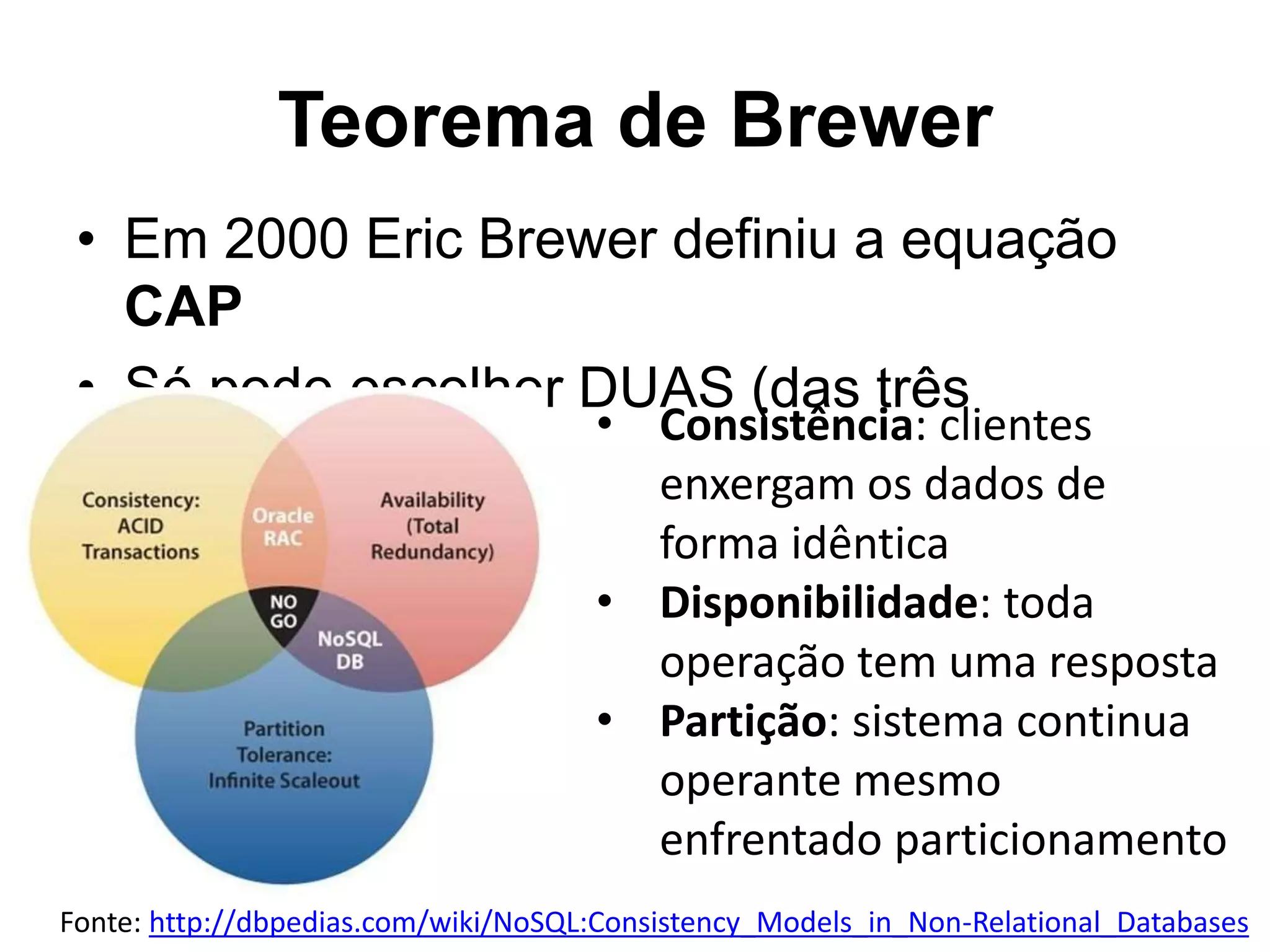 Teorema de Brewer • Em 2000 Eric Brewer definiu a equação CAP • Só pode escolher DUAS (das três • Consistência: clientes disponíveis) enxergam os dados de forma idêntica • Disponibilidade: toda operação tem uma resposta • Partição: sistema continua operante mesmo enfrentado particionamento Fonte: http://dbpedias.com/wiki/NoSQL:Consistency_Models_in_Non-Relational_Databases 