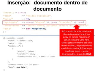 Inserção: documento dentro de 
documento 
$passeio = array( 
"nome" => "Raízes Coloniais", 
"valor" => 90, 
"opcionais” => array("almoco" => true, "transfer" => true), 
"observacoes" => "Senhor obeso, portanto reserve dois assentos", 
"data" => new MongoDate() 
); 
db.passeios.insert({ 
"nome": "Itaimbezinho", 
"valor": 120, 
"opcionais": [ 
{ 
"almoco": false, 
"transfer": true, 
"observacoes": "Vai a família toda" 
} 
], 
"observacoes": "já foi pago", 
"data": new Date() 
}) 
Sob o ponto de vista relacional, 
não seria possível inserir um 
array no campo “opcionais”. 
Seria necessário uma nova 
tabela (provavelmente até uma 
terceira tabela, dependendo do 
nível de normalização) para que 
isso fosse viável – sendo 
imprescindível o uso de JOINS 
 