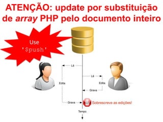 ATENÇÃO: update por substituição 
de array PHP pelo documento inteiro 
Use 
'$push' 
 