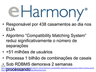 • Responsável por 438 casamentos ao dia nos
EUA
• Algoritmo “Compatibility Matching System”
reduz significativamente o número de
separações
• +51 milhões de usuários
• Processa 1 bilhão de combinações de casais
• Sob RDBMS demorava 2 semanas
processando
Fonte:
http://www.mongodb.com/press/mongodb-powers-critical-eharmony-compatibility-application-processing-1-billion-matches-dail-0
http://www.mongodb.com/presentations/big-dating-eharmony
 