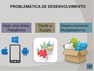 PROBLEMÁTICA DE DESENVOLVIMENTO
Visar uma Única
Plataforma
Dividir a
Equipe
Desenvolvimento
Multiplataforma
08
 