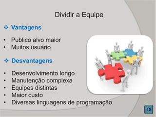 Dividir a Equipe
 Vantagens
• Publico alvo maior
• Muitos usuário
10
 Desvantagens
• Desenvolvimento longo
• Manutenção complexa
• Equipes distintas
• Maior custo
• Diversas linguagens de programação
 