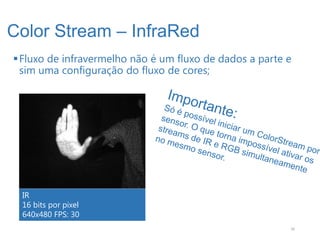 Color Stream – InfraRed
 Fluxo de infravermelho não é um fluxo de dados a parte e
  sim uma configuração do fluxo de cores;




 IR
 16 bits por pixel
 640x480 FPS: 30
                                                         26
 
