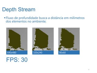 Depth Stream
 Fluxo de profundidade busca a distância em milímetros
  dos elementos no ambiente;




  640x480          320x240           80x60


 FPS: 30
                                                          27
 