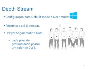 Depth Stream
 Configuração para Default mode e Near mode;

 Reconhece até 6 pessoas.

 Player Segmentation Data

    cada pixel de
     profundidade possui
     um valor de 0 a 6.




                                                28
 