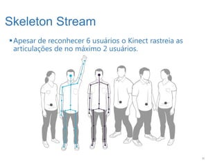 Skeleton Stream
 Apesar de reconhecer 6 usuários o Kinect rastreia as
  articulações de no máximo 2 usuários.




                                                         30
 