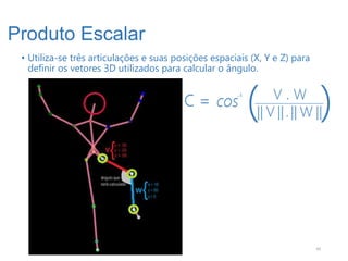 Produto Escalar
 • Utiliza-se três articulações e suas posições espaciais (X, Y e Z) para
   definir os vetores 3D utilizados para calcular o ângulo.




                                                                            40
 