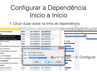 Conﬁgurar a Dependência
Início a Início
1- Clicar duas vezes na linha de dependência
2- Conﬁgurar
 